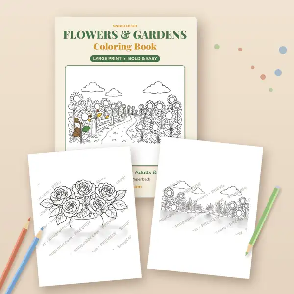 Peek inside Flowers and Gardens Large Print Coloring Book: cover and sample pages