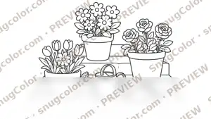 Watering Can Flowerpots Coloring Page from Flowers and Gardens Large Print Coloring Book