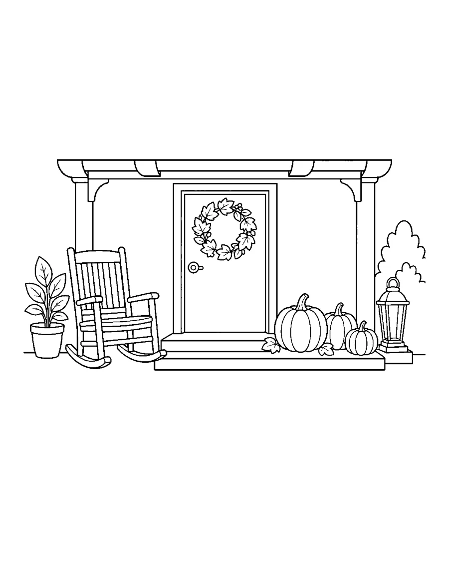 Autumn front porch with rocking chair, wreath, pumpkins and lantern, fall coloring page for seniors