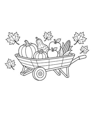 Autumn Harvest Wheelbarrow Coloring Page: free printable line art