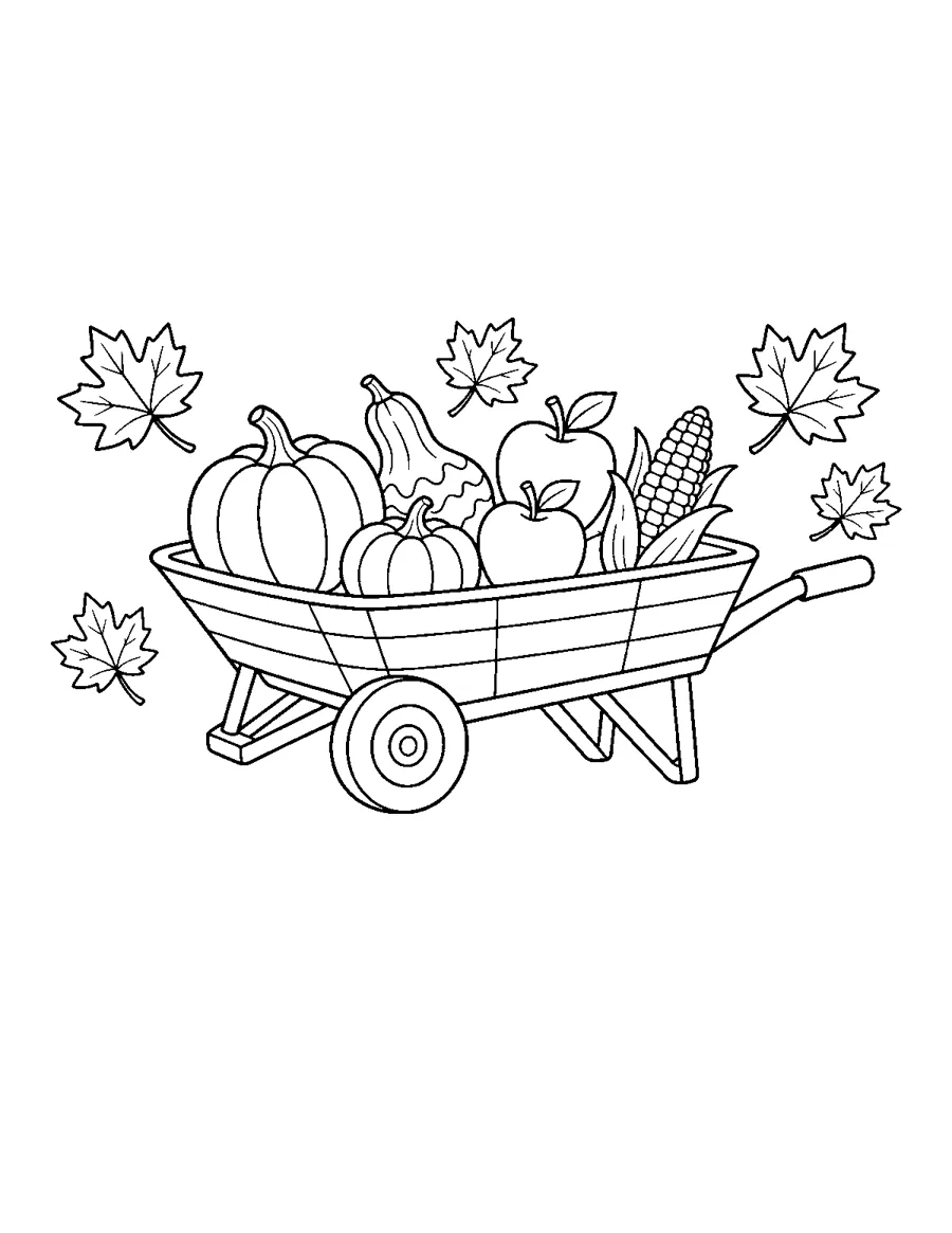 Wheelbarrow full of pumpkins, apples and corn with autumn leaves, easy fall coloring page