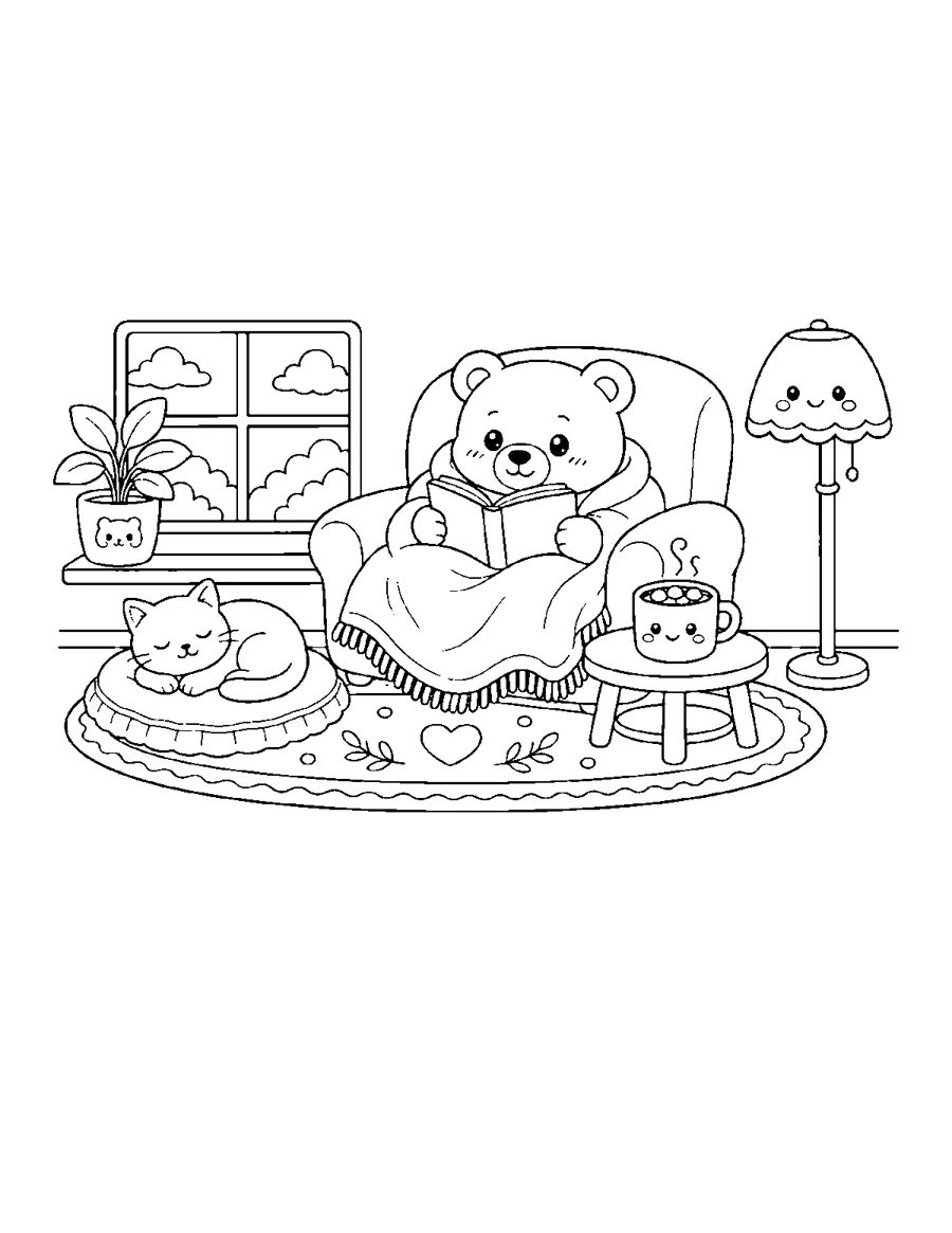 Cute bear reading a book in a cozy armchair with a sleeping cat, kawaii coloring page for adults