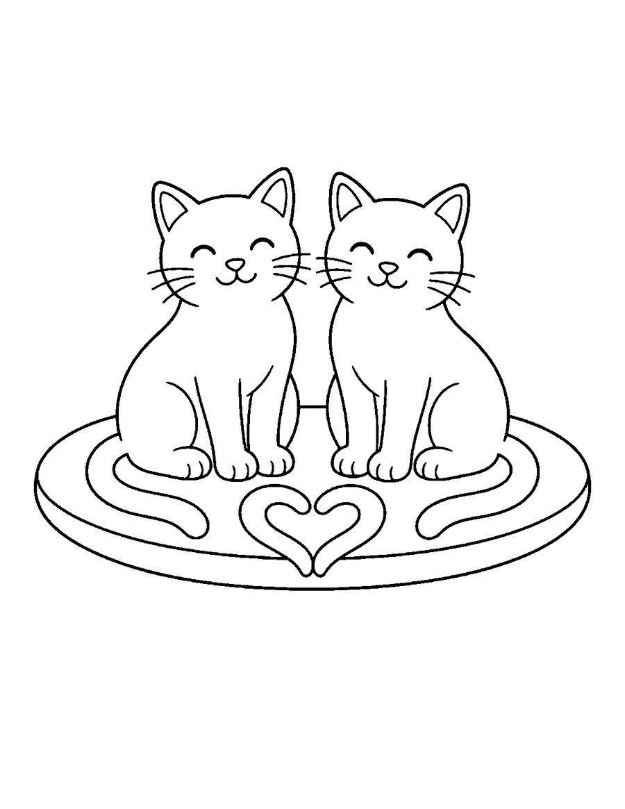 Two cats whose tails form a heart, cute Valentine coloring page for adults