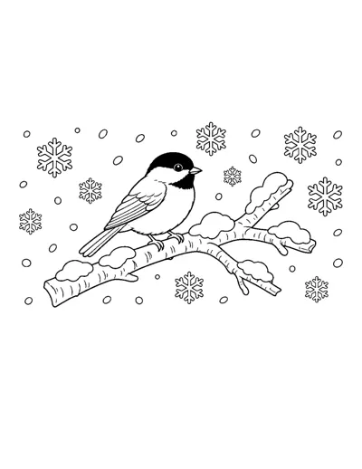 Chickadee on a Snowy Branch Coloring Page: free printable line art