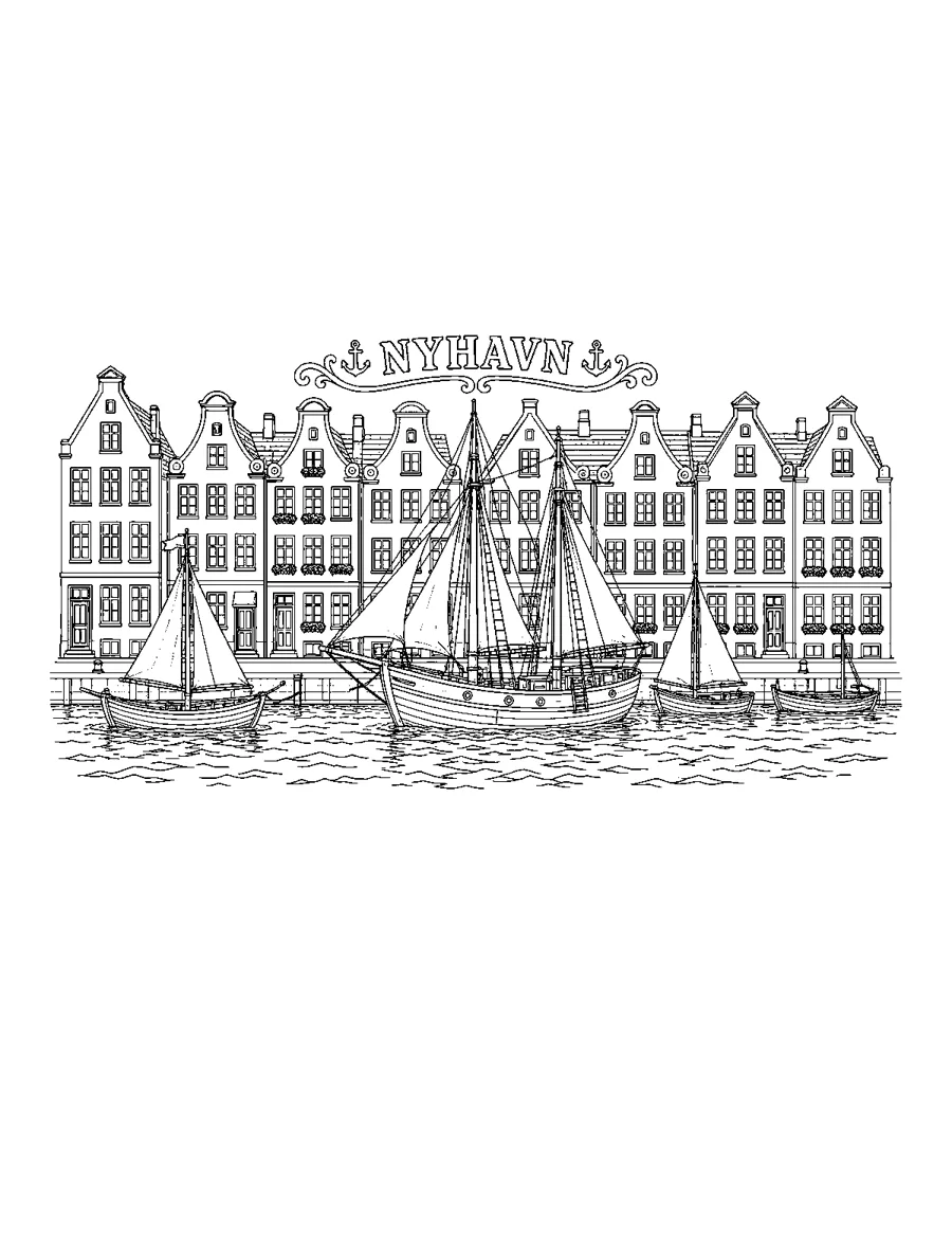 Nyhavn harbor in Copenhagen with gabled houses and sailing ships, coloring page