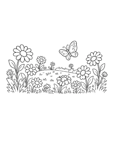 Daisy Meadow with Butterfly Coloring Page: free printable line art