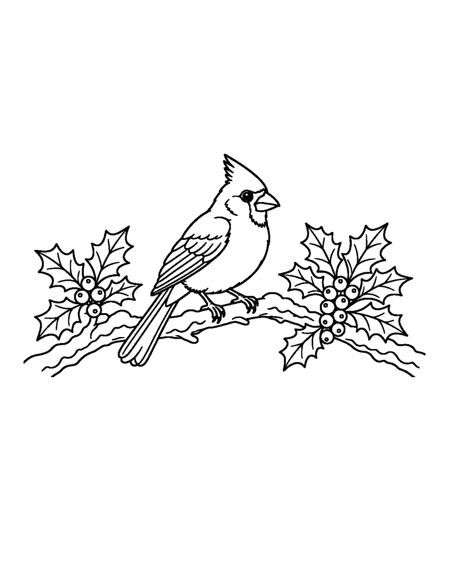 Detailed Cardinal Coloring Page: A more detailed cardinal page with feather lines and extra shapes, for colorists who like a little challenge.