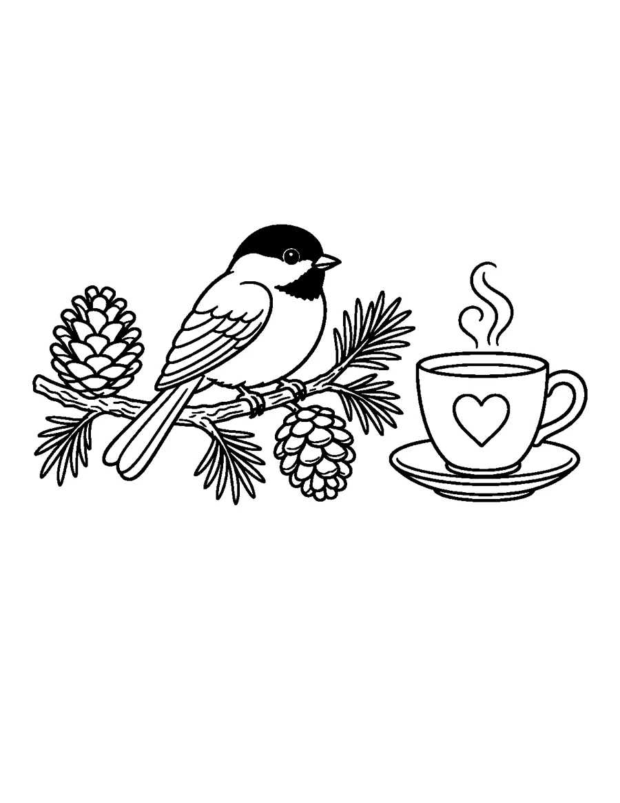 Detailed Chickadee Coloring Page: A more detailed chickadee page with feather lines and extra shapes, for colorists who like a little challenge.