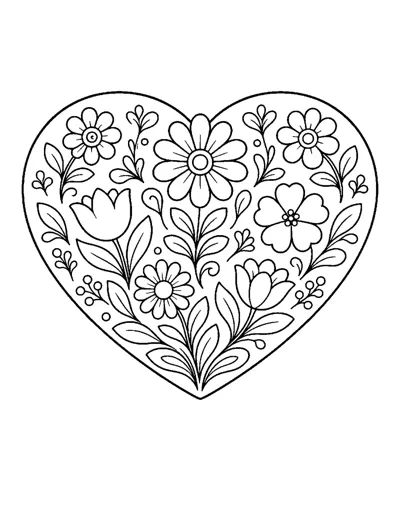 Folk Flower Heart Coloring Page: free printable line art