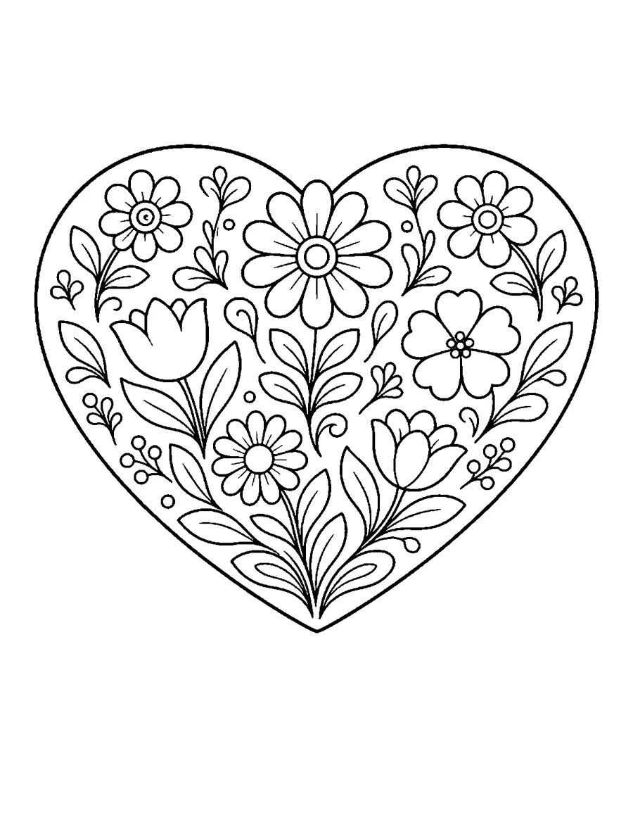 Heart shape filled with folk art flowers and leaves, Valentine coloring page for adults