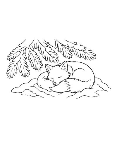 Sleeping Fox in the Snow Coloring Page: free printable line art