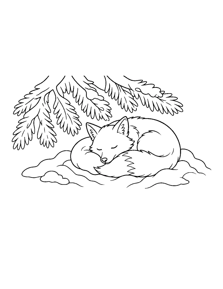 Sleeping fox curled up in snow under a pine tree, large print coloring page