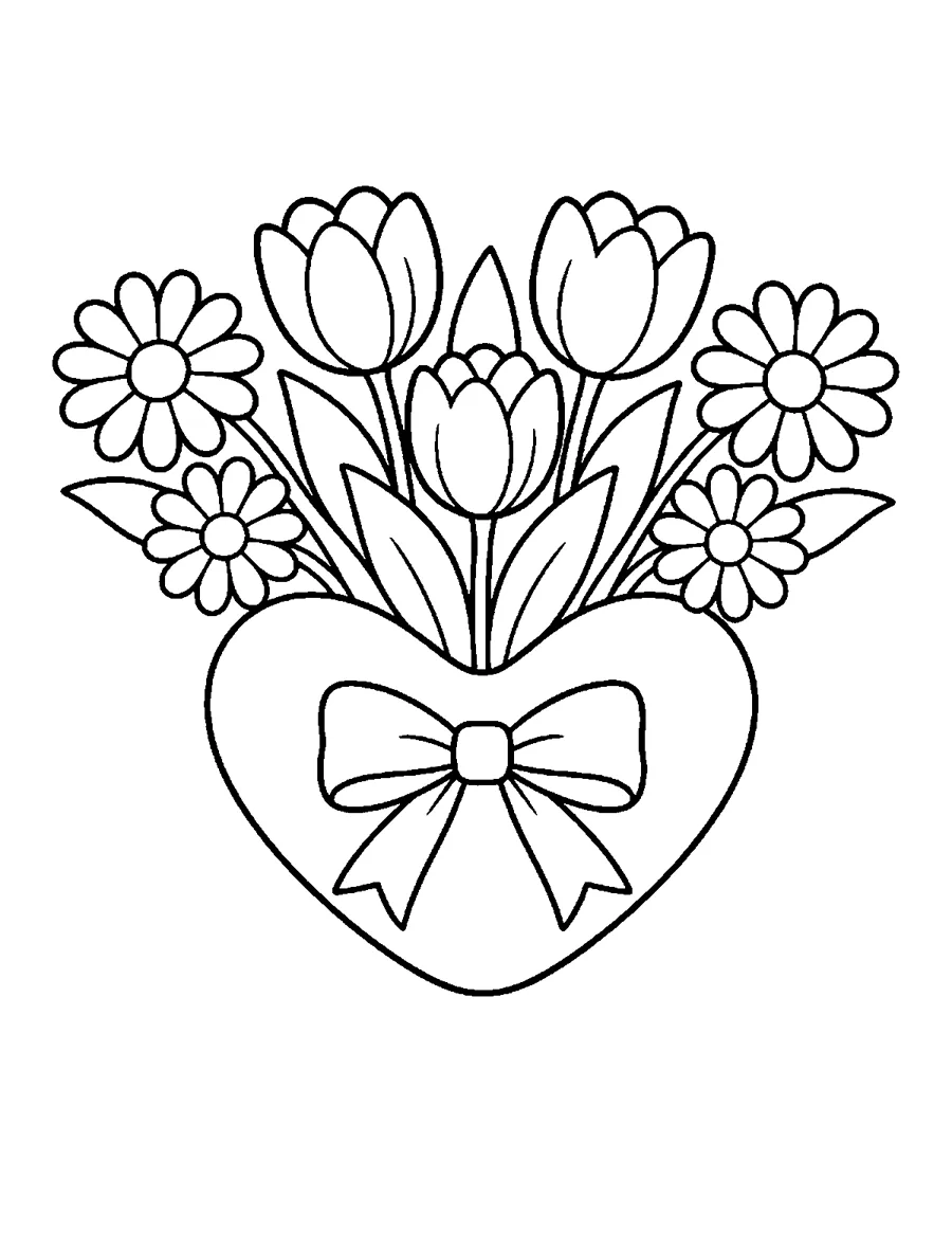 Heart shaped vase with tulips and daisies and a bow, Valentine coloring page