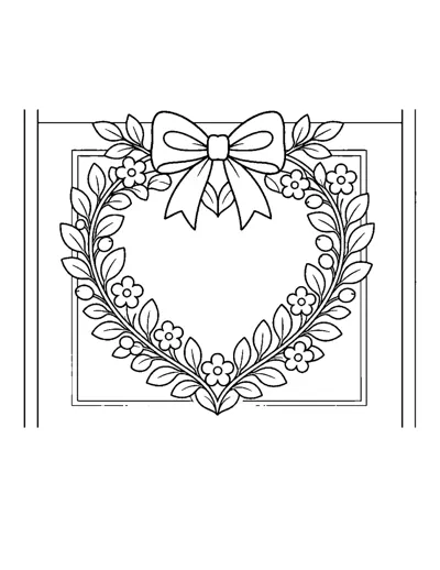 Heart Wreath on the Door Coloring Page: free printable line art