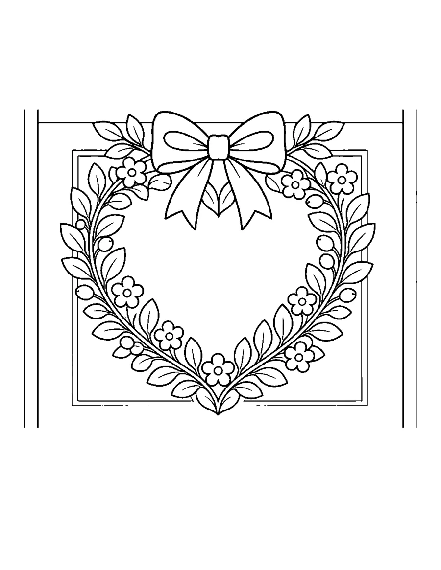 Heart shaped flower wreath with bow on a door, Valentine coloring page