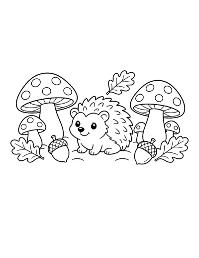 Hedgehog with Autumn Mushrooms Coloring Page: free printable line art