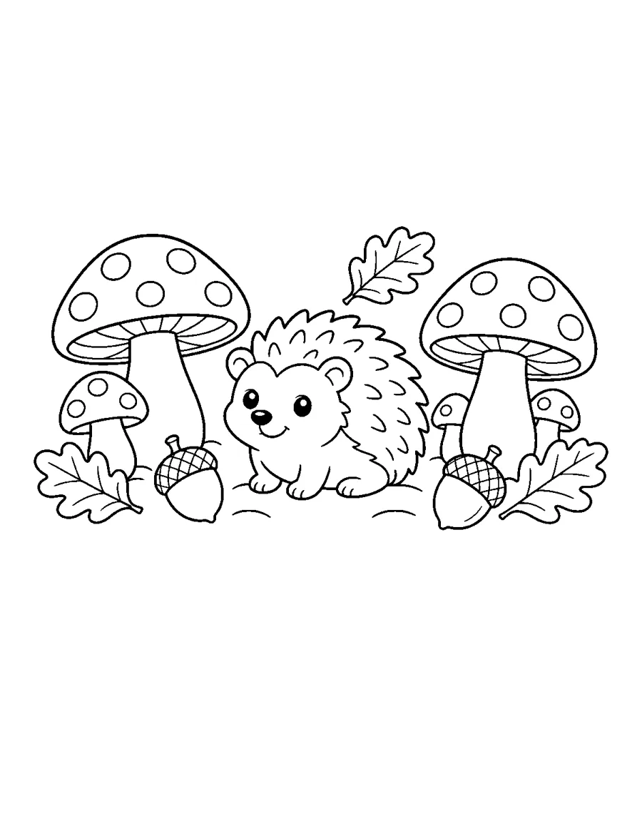Cute hedgehog with toadstool mushrooms, acorns and leaves, easy autumn coloring page