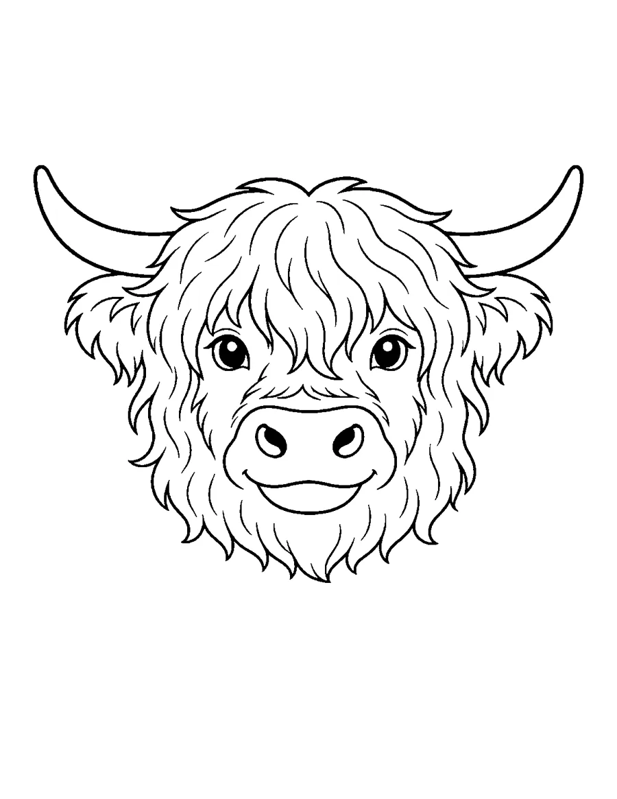 Fluffy highland cow face with horns, bold easy coloring page for adults