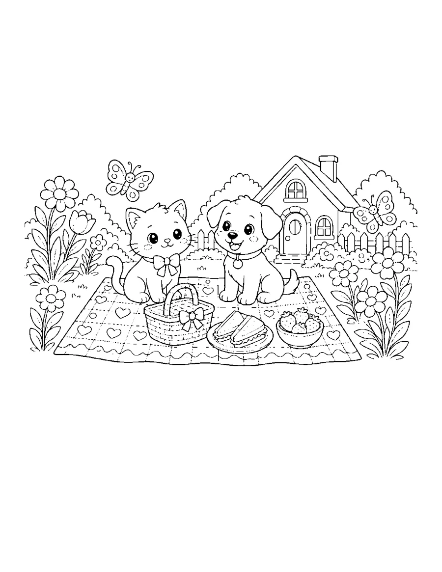 Kitten and puppy having a picnic in a flower garden, cute animal coloring page