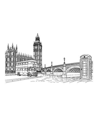 London Big Ben and Red Bus Coloring Page: free printable line art
