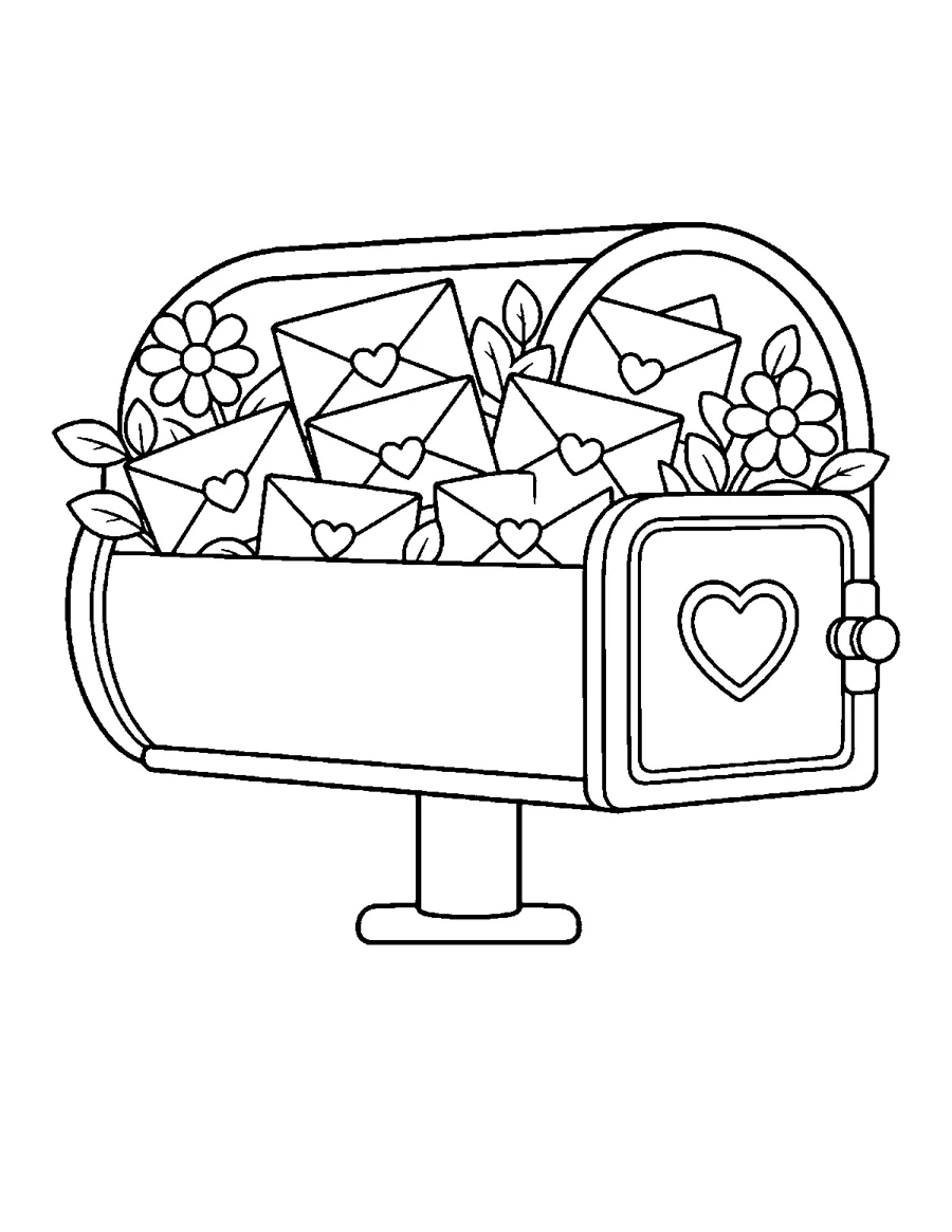 Mailbox full of love letters with a heart, Valentine's Day coloring page