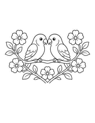Lovebirds on a Heart Branch Coloring Page: free printable line art