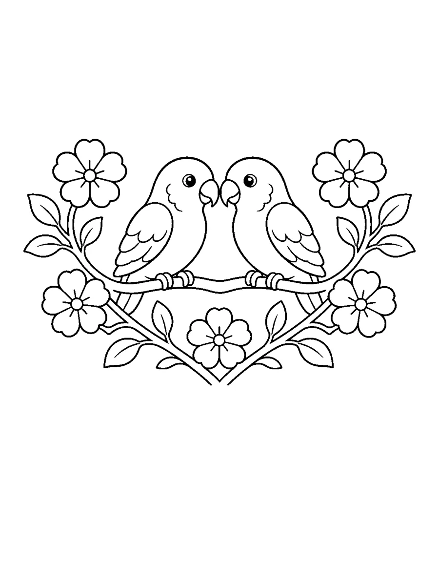 Two lovebirds on a heart shaped flowering branch, Valentine coloring page
