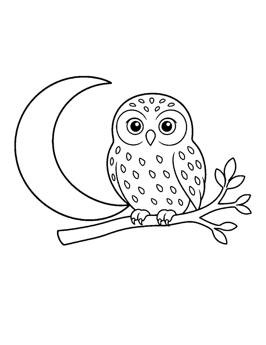Snowy owl on a branch with a crescent moon, easy winter coloring page for adults