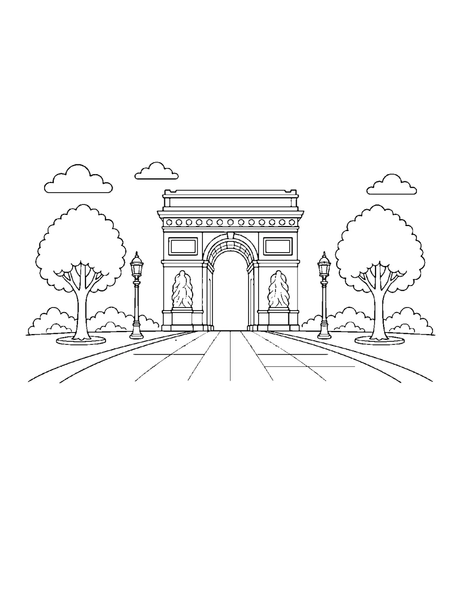 Arc de Triomphe with trees and lamp posts, large print Paris coloring page for adults