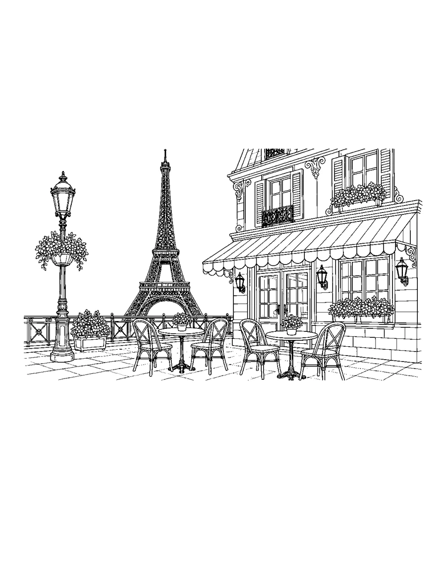 Paris sidewalk cafe with bistro chairs and the Eiffel Tower, detailed city coloring page