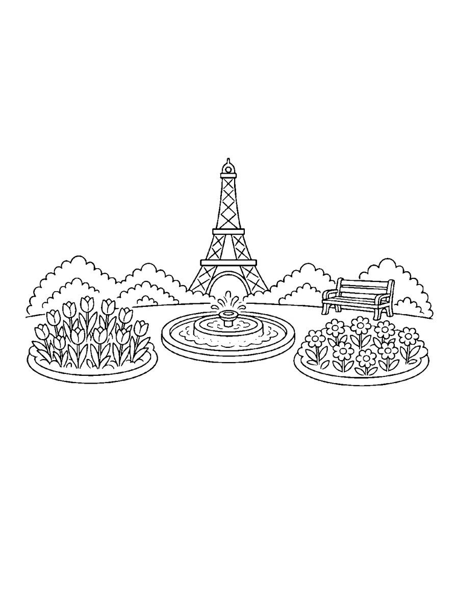 Eiffel Tower with flower beds and fountain, bold and easy Paris coloring page