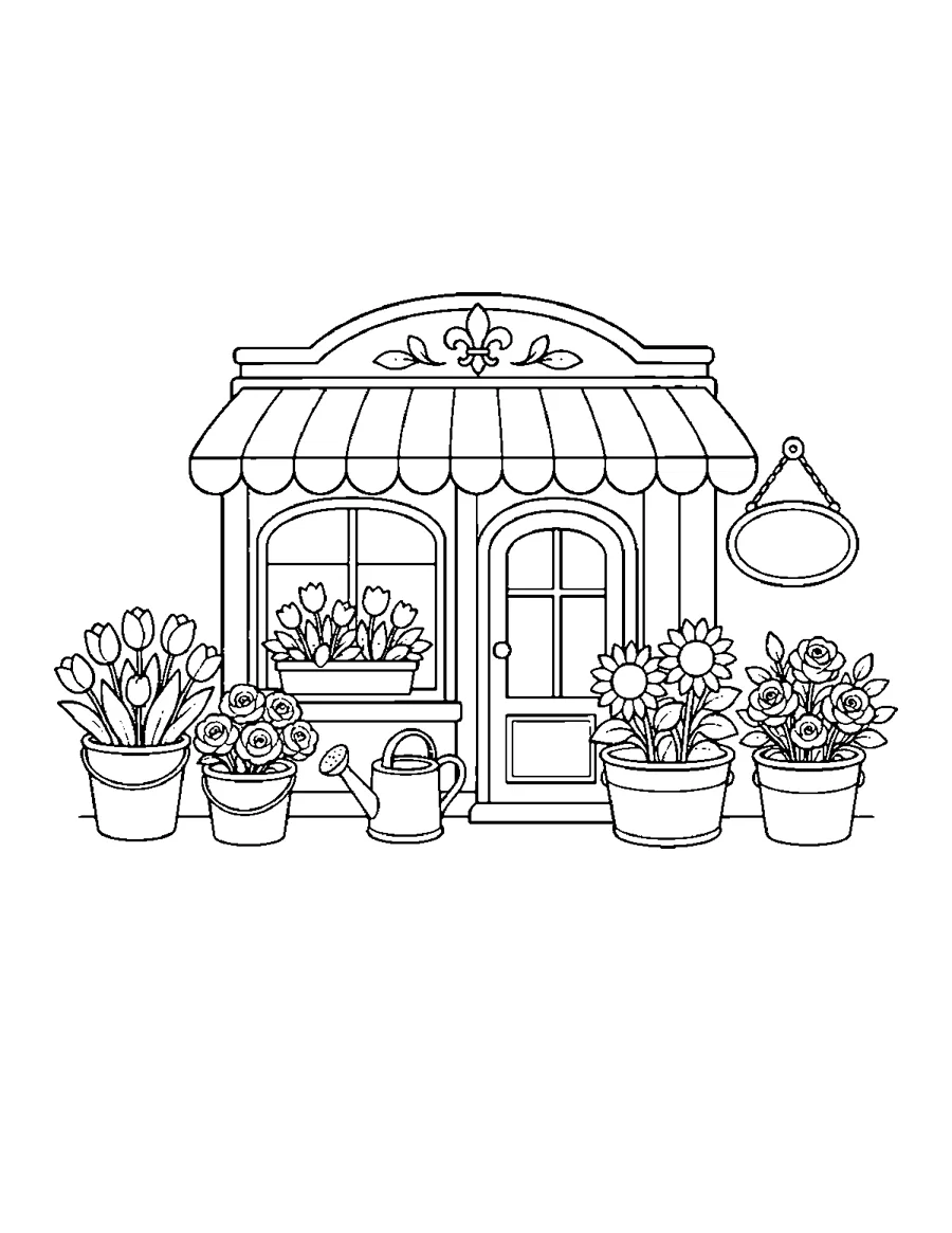 Paris flower shop with buckets of flowers and an awning, bold and easy coloring page