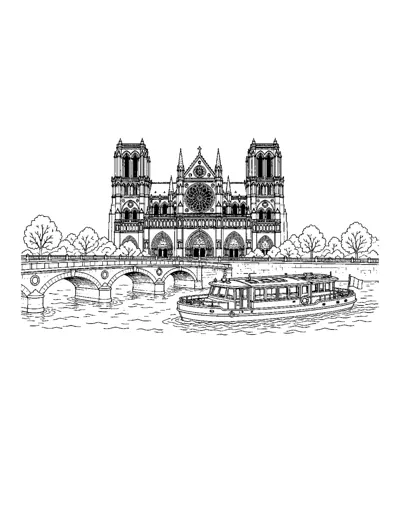 Notre-Dame and the Seine Coloring Page: free printable line art