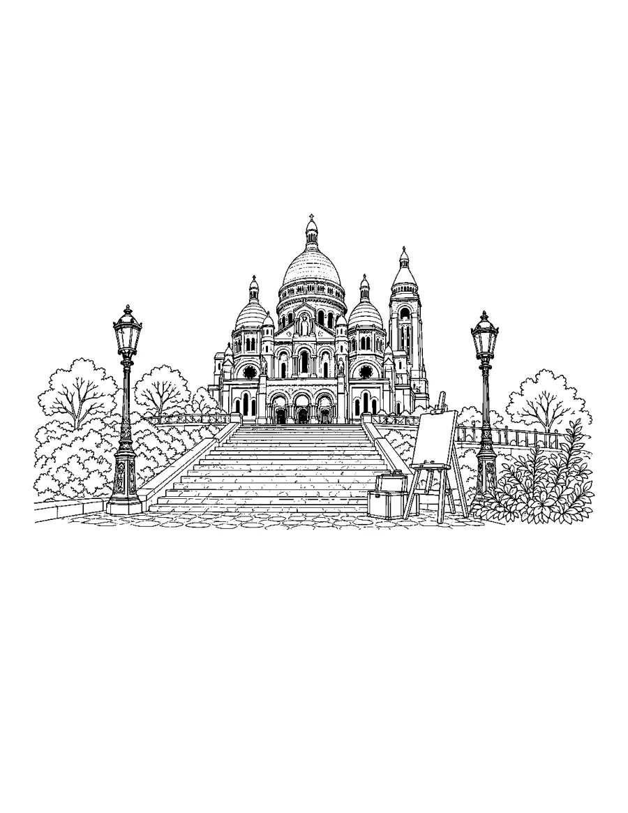 Sacre-Coeur basilica and steps in Montmartre, Paris coloring page for adults