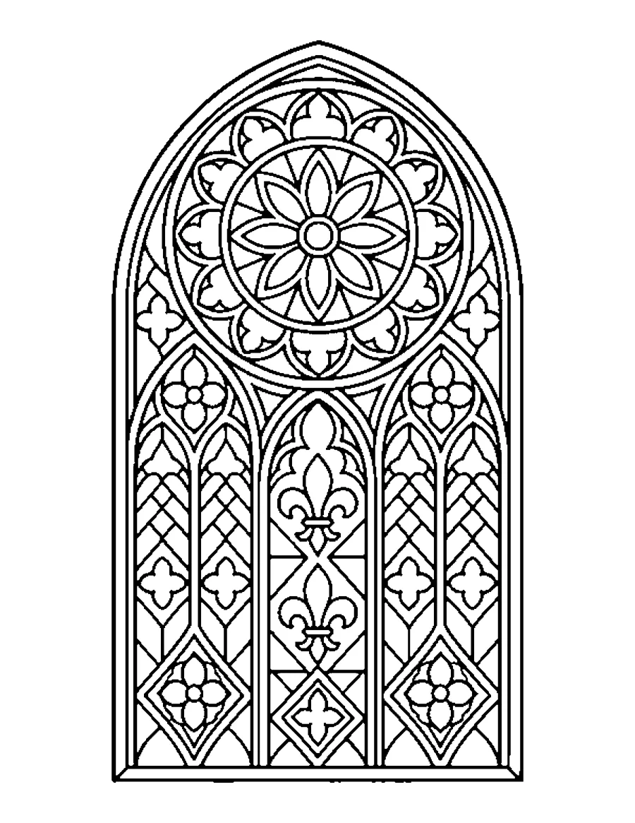 Sainte-Chapelle style Gothic stained glass window, large print coloring page