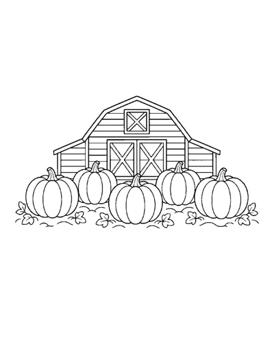 Pumpkin Patch and Barn Coloring Page: free printable line art