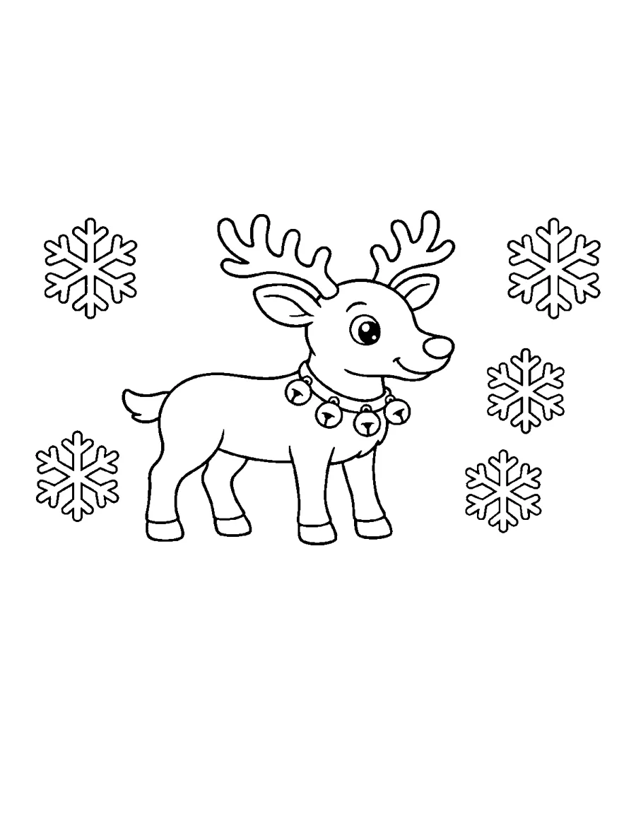 Cute reindeer with a jingle bell collar and large snowflakes, Christmas coloring page