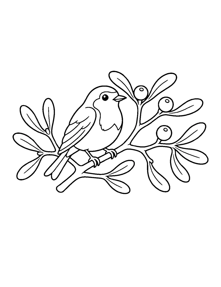 European robin perched on a mistletoe branch with berries, Christmas bird coloring page
