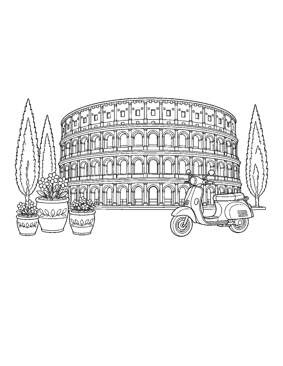 Colosseum in Rome with cypress trees and a Vespa scooter, city coloring page