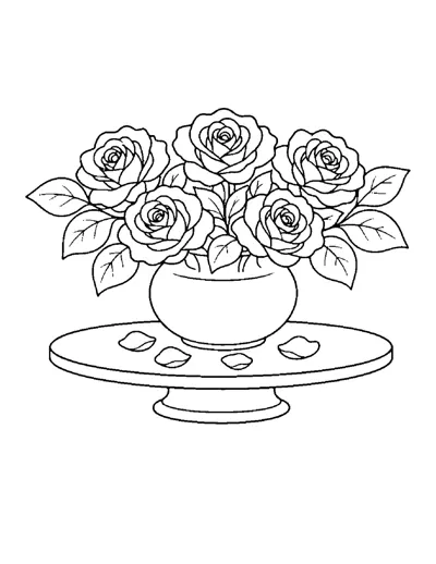Rose Bouquet in a Vase Coloring Page: free printable line art