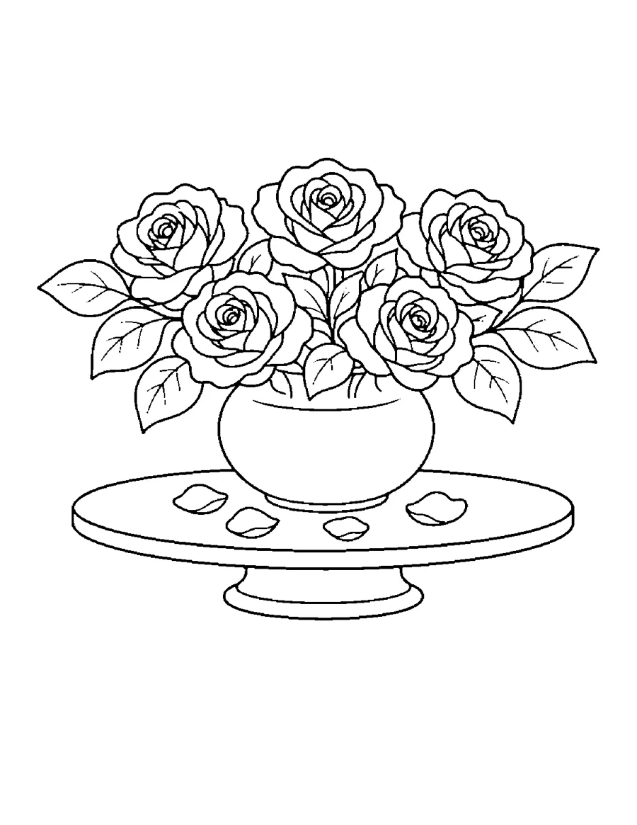 Rose bouquet in a round vase, bold and easy flower coloring page
