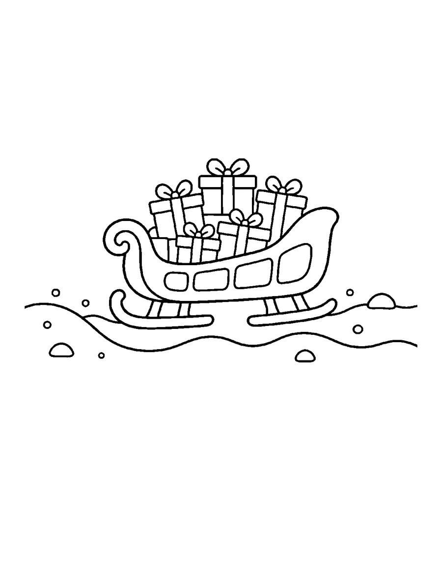 Santa's sleigh full of wrapped gifts in the snow, simple Christmas coloring page