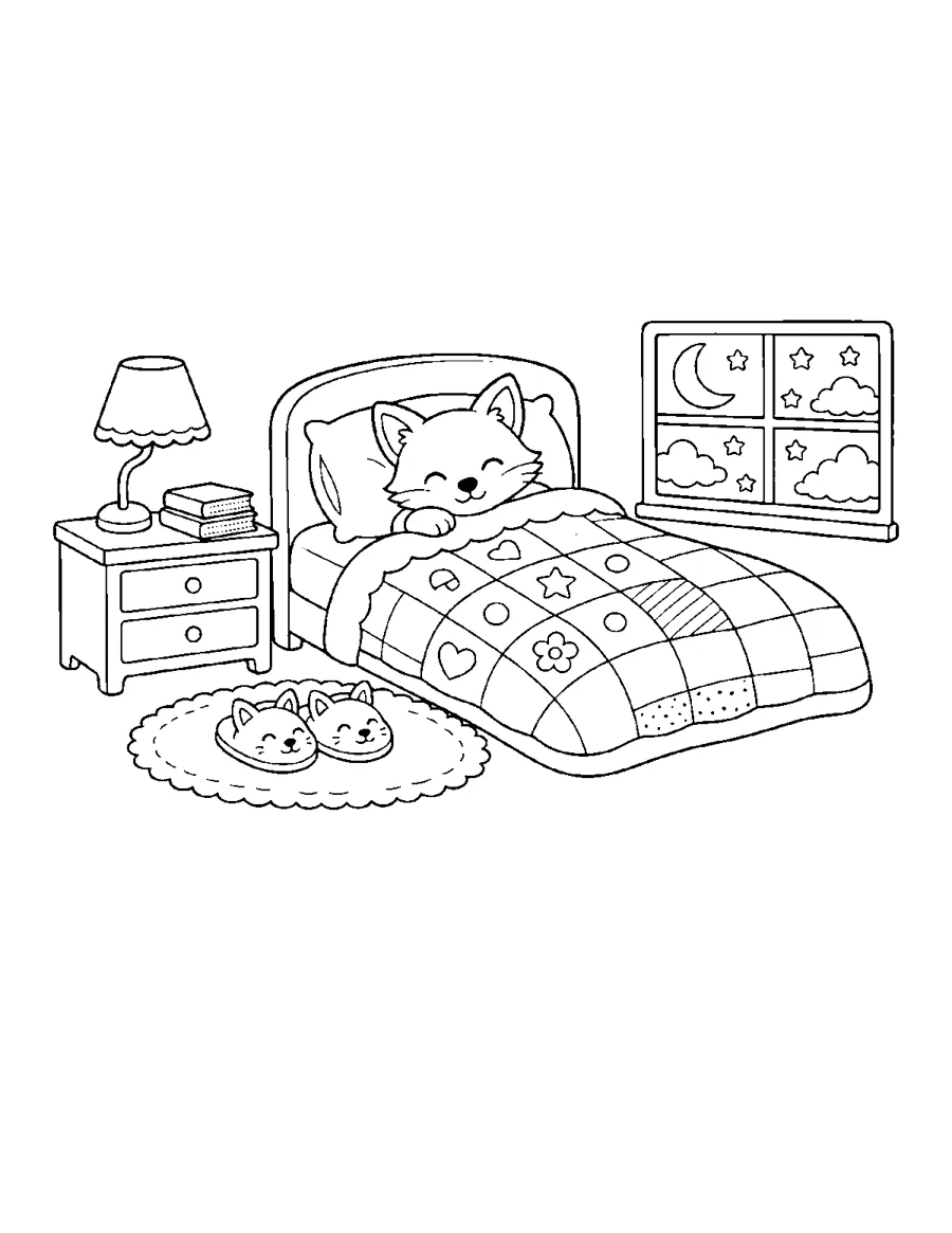 Sleepy fox in bed under a patchwork quilt with a starry window, cozy coloring page