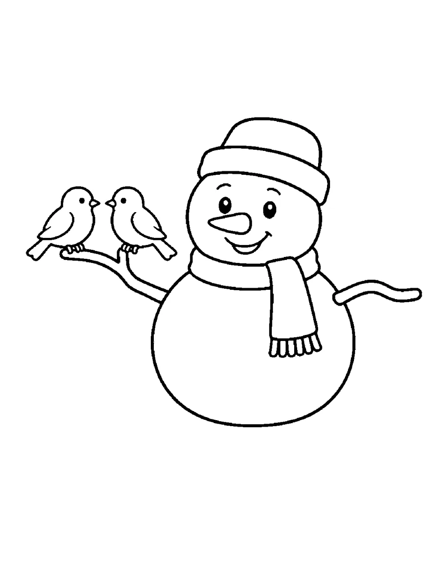 Smiling snowman with hat and scarf holding two small birds, bold and easy coloring page