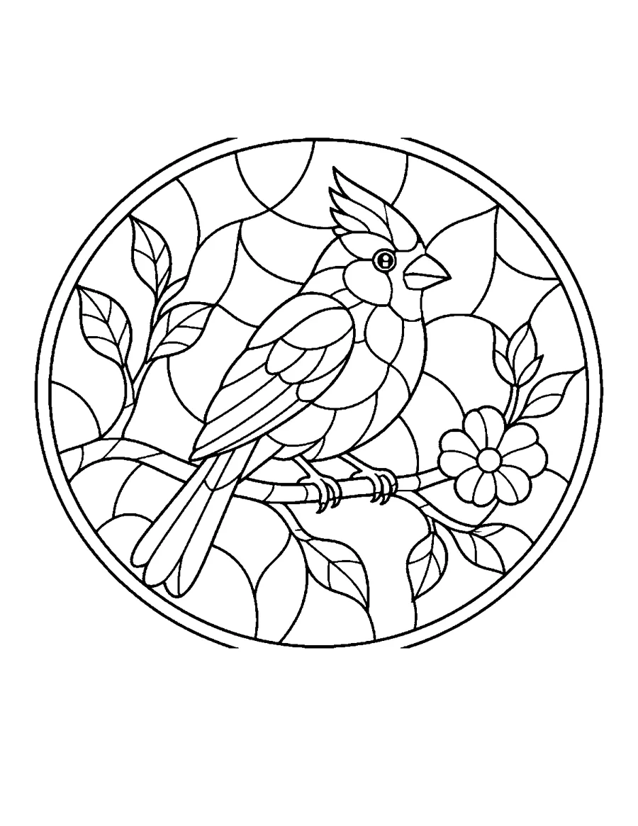 Stained glass style cardinal bird in a round window, coloring page for adults