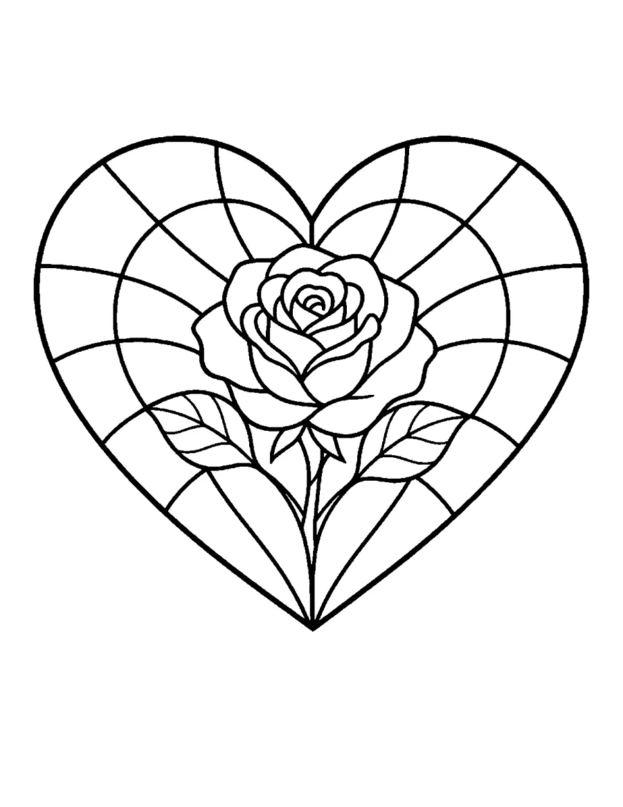 Stained glass heart with a rose in the center, coloring page for adults