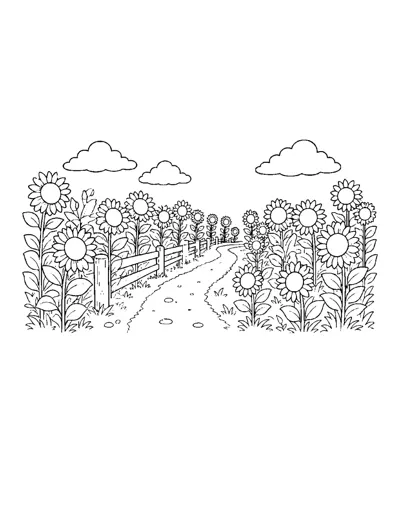 Sunflower Field Path Coloring Page: free printable line art