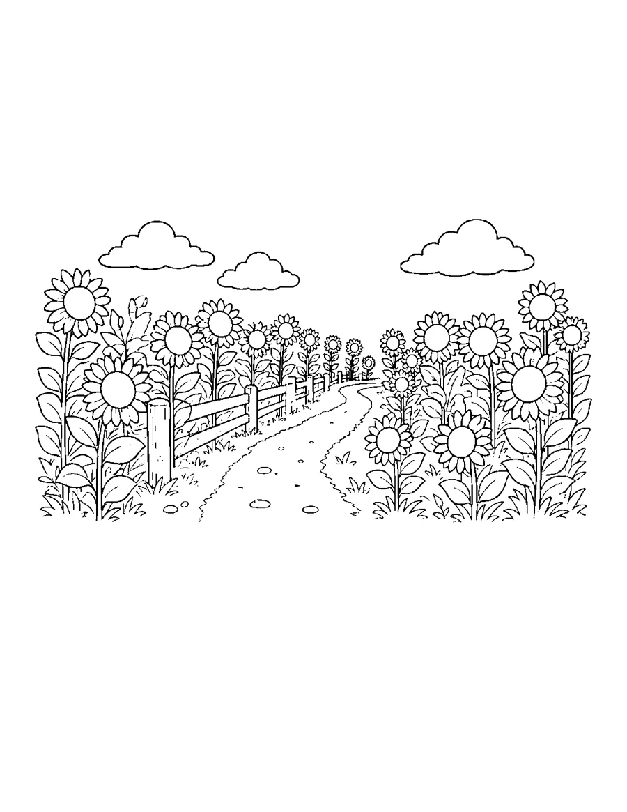Sunflower field with a garden path, large print flower coloring page for adults