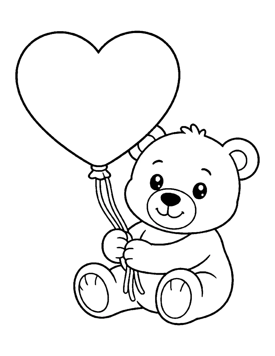 Teddy bear holding a heart balloon, easy Valentine coloring page for seniors