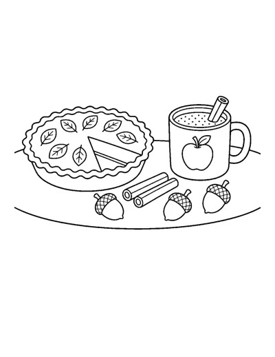 Thanksgiving Pie and Apple Cider Coloring Page: free printable line art